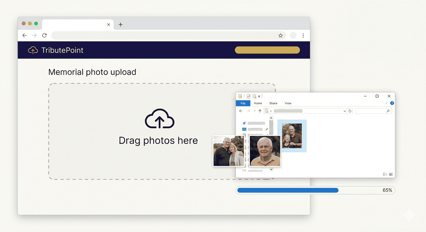 TributePoint's drag-and-drop upload zone with multiple family photos being added simultaneously
