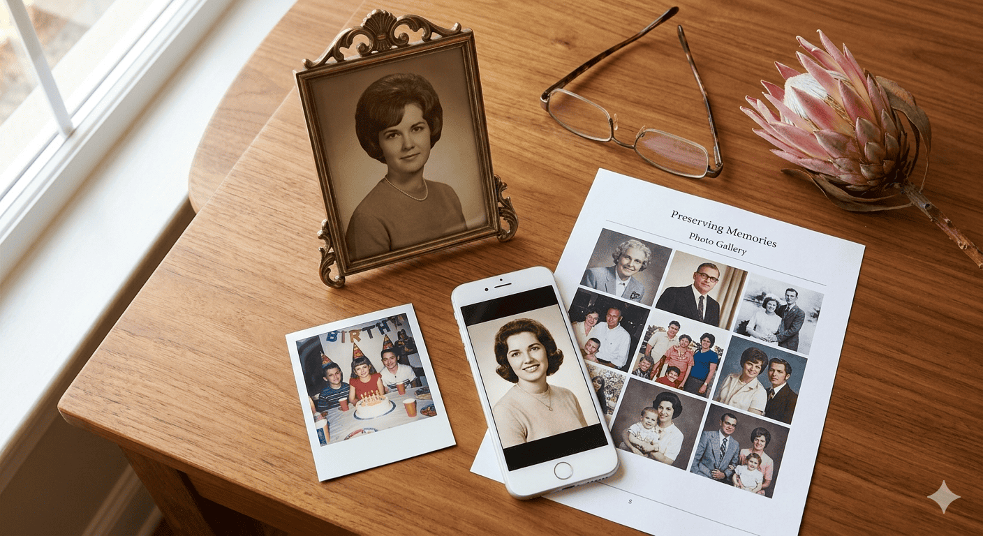 Close-up of a memorial page main photo showing a clear portrait with a soft background