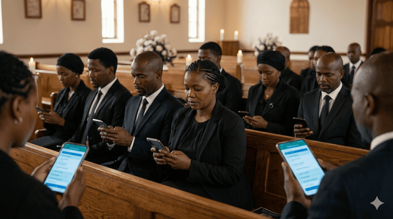 The audience view showing a clean live programme with the current item highlighted and progress bar