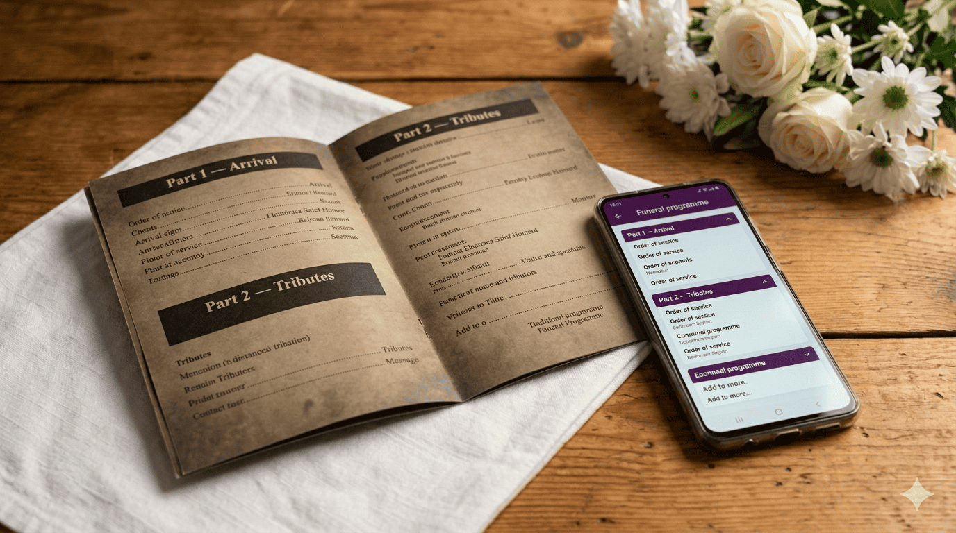 Programme sections dividing a funeral service into named parts like Arrival, Tributes, and Committal