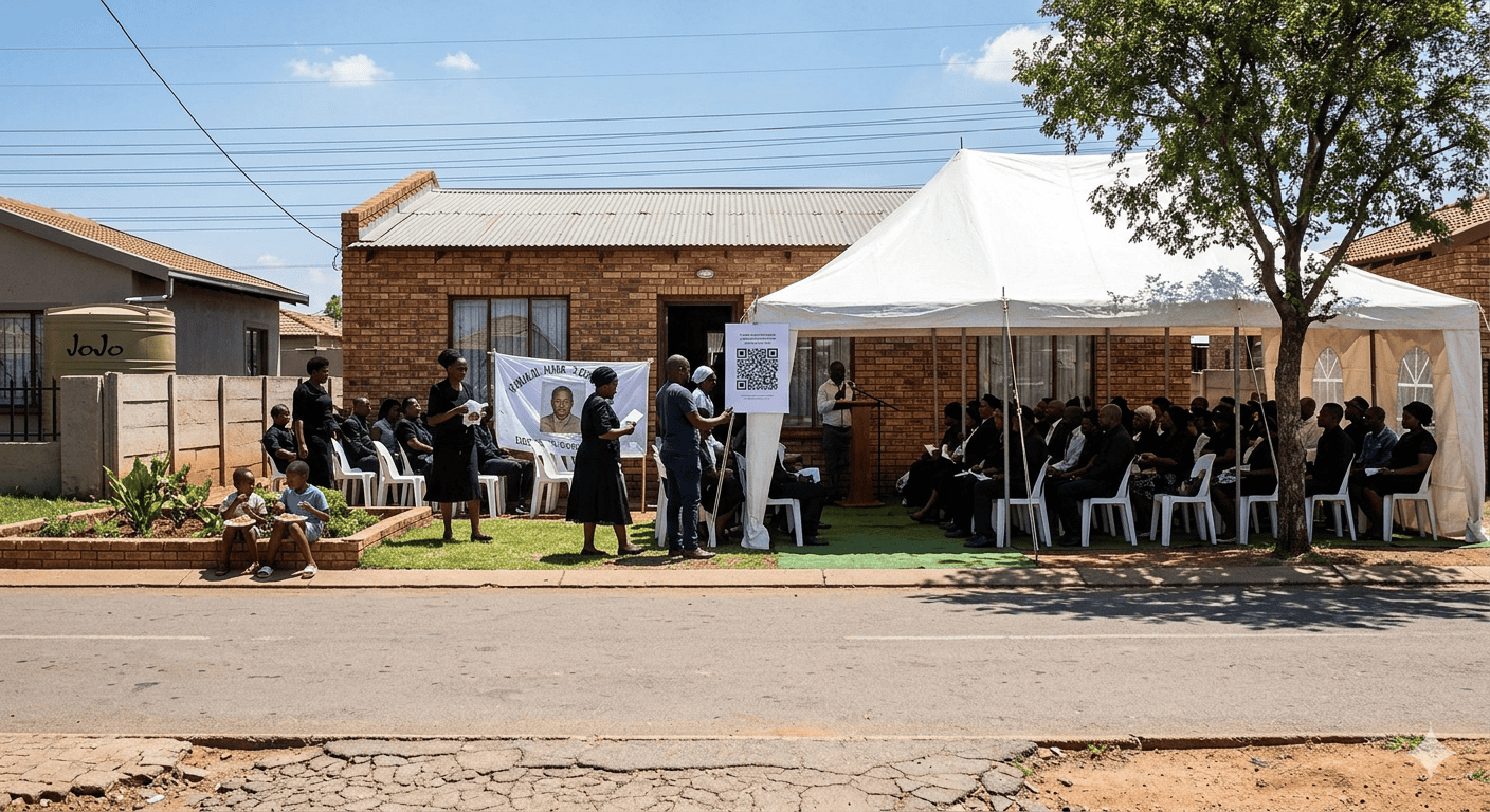 A wide view of a Soweto township funeral with a white marquee tent and a QR code poster at the entrance
