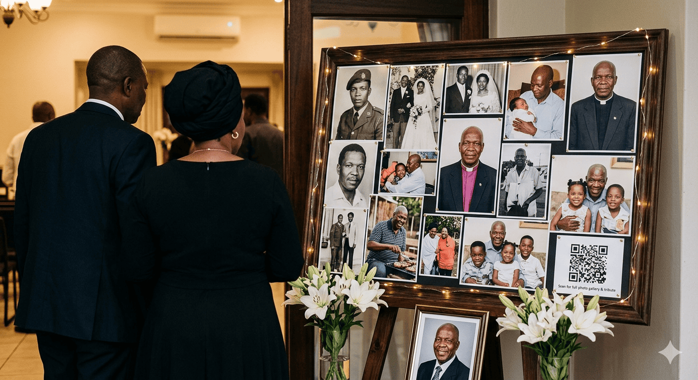 A funeral memorial photo display board on a wooden easel with family photographs and a QR code pinned at the bottom