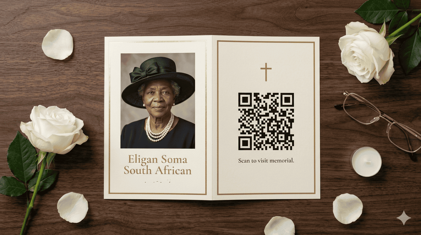Overhead view of an open funeral programme on a walnut table with a QR code printed on the back cover