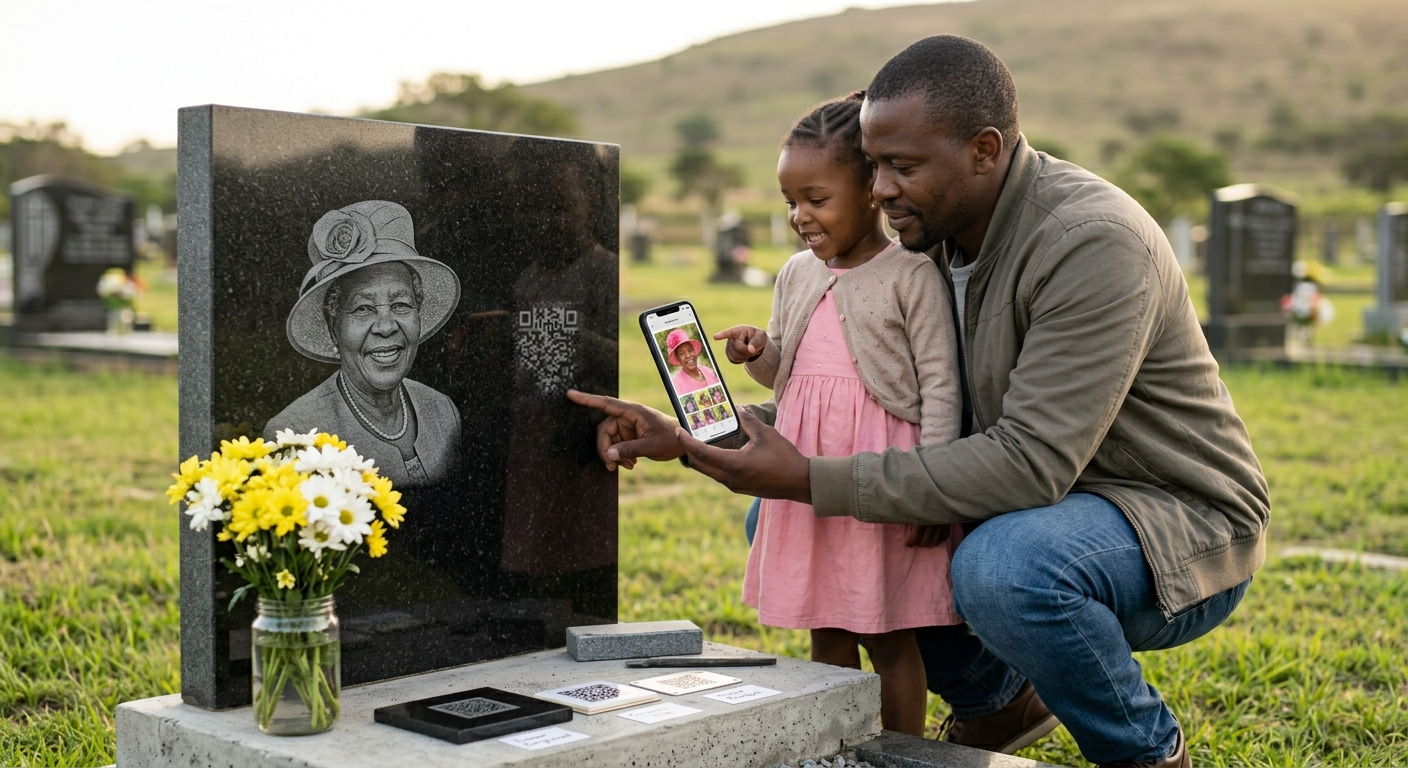 A father and his young daughter kneeling at a graveside, looking at a tribute page on a smartphone after scanning the QR code on the headstone