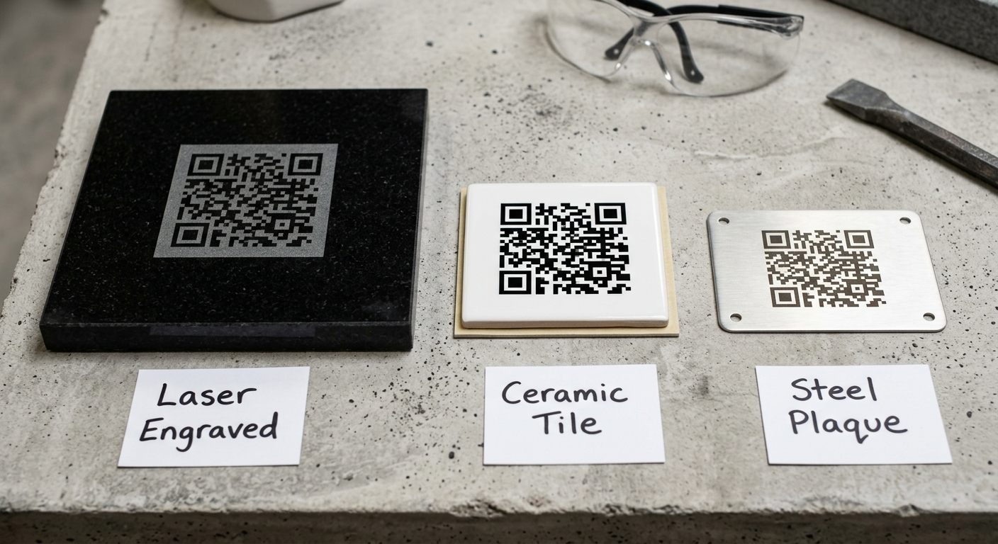 Three methods of adding a QR code to a tombstone: laser-engraved granite, ceramic tile, and stainless steel plaque