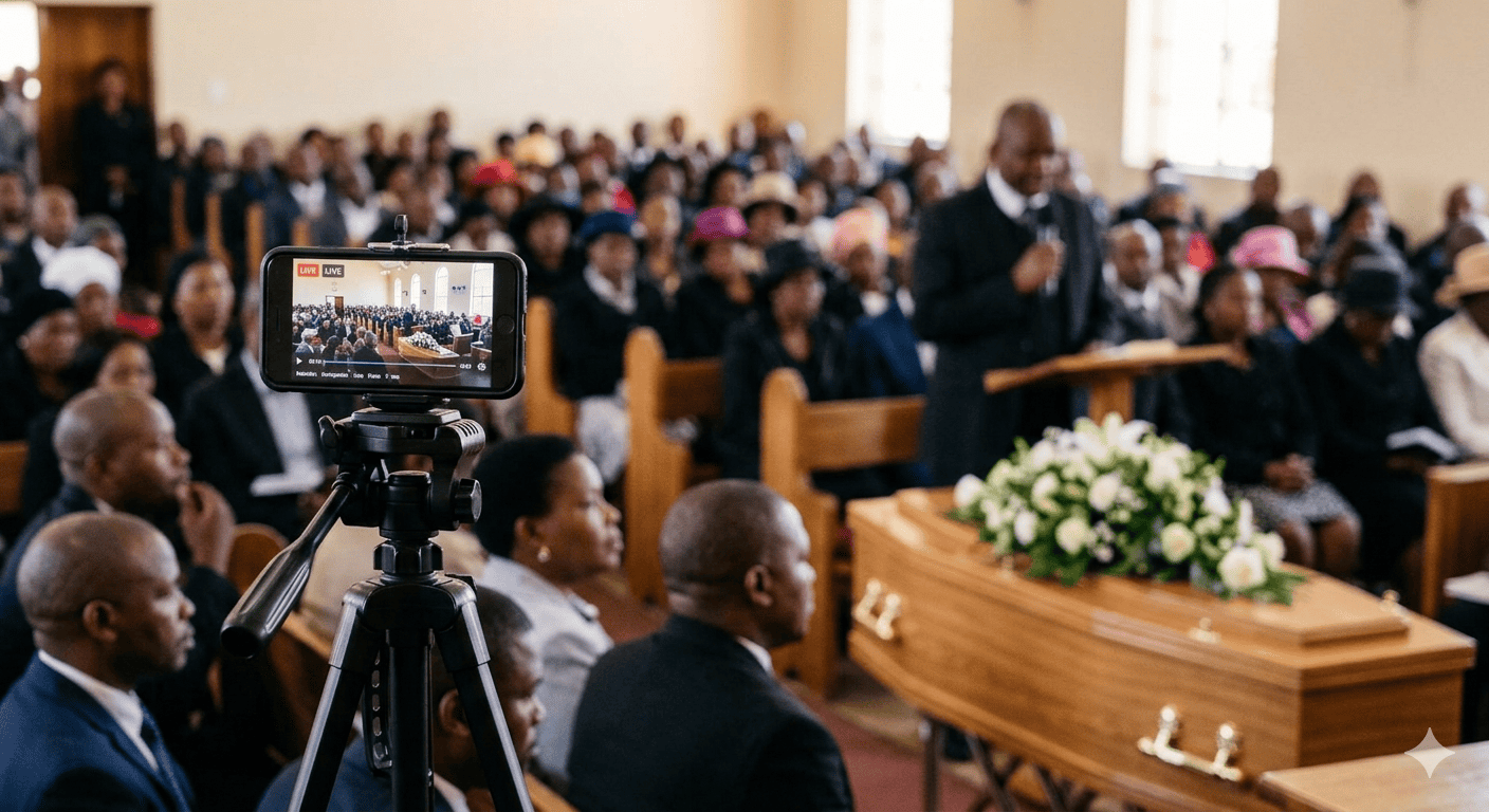 A smartphone on a tripod livestreaming a church memorial service