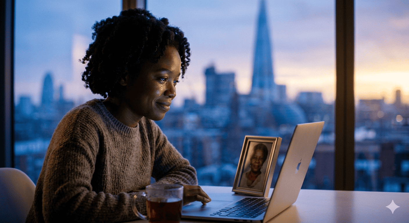A South African family video calling relatives on a laptop with a memorial page visible