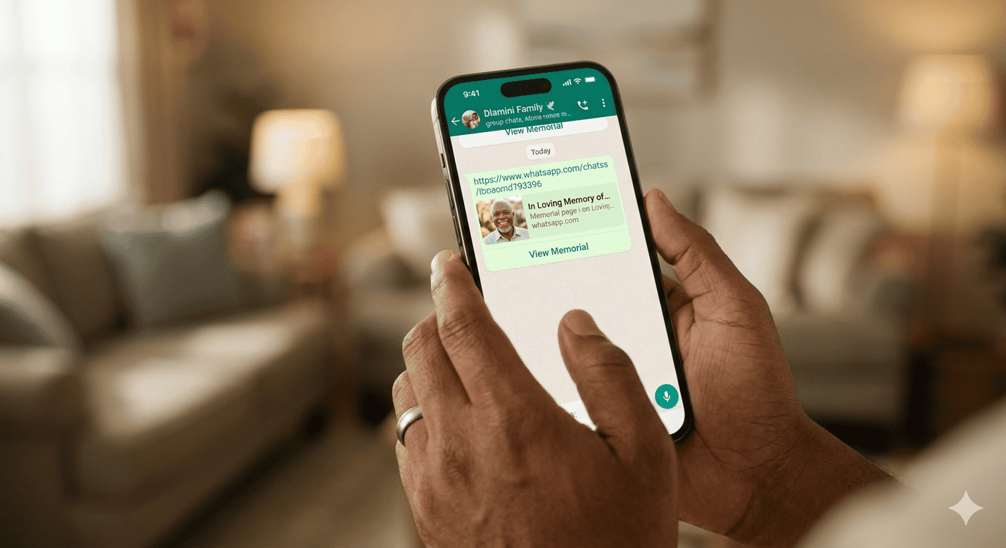A smartphone showing a WhatsApp family group with a shared memorial tribute link
