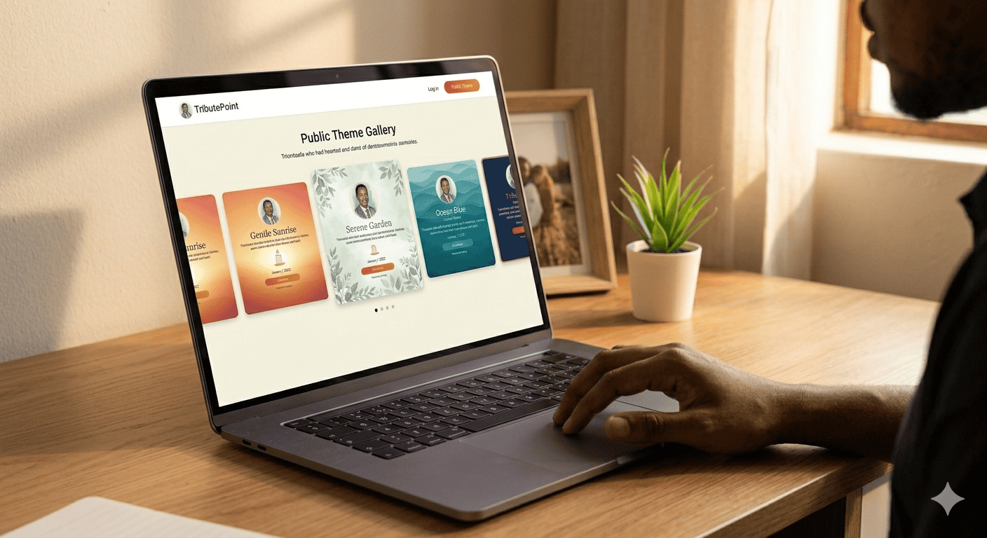 The TributePoint public theme gallery page showing browsable theme cards with previews and descriptions
