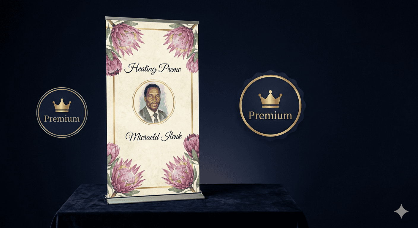 Two premium memorial theme previews showing elegant animated elements and sophisticated typography on a desktop screen