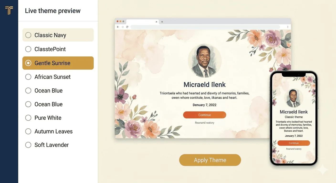 TributePoint theme preview screen showing a memorial page rendered on both a desktop monitor and a smartphone side by side