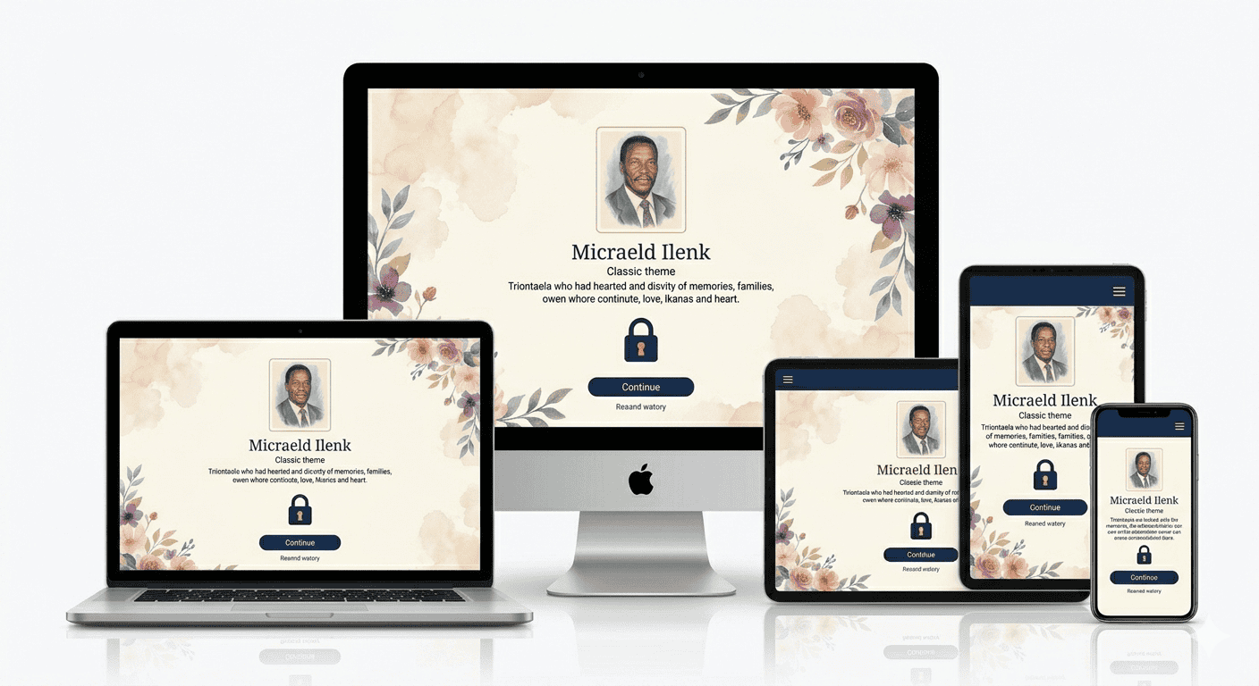The same memorial tribute displayed across five device sizes from desktop to smartphone, each perfectly adapted