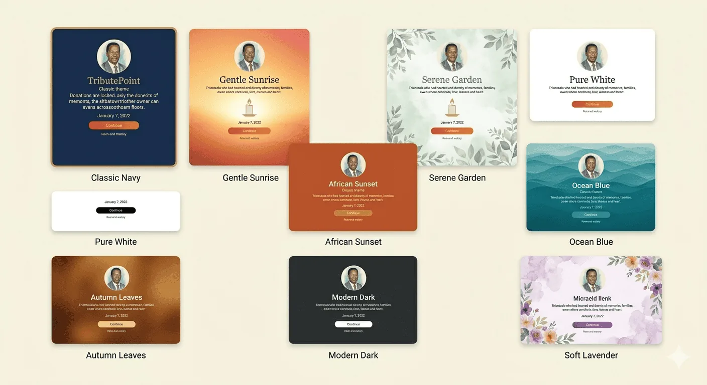 Multiple memorial page themes displayed on devices � elegant, floral, and modern designs