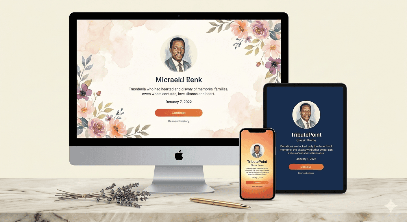 Side-by-side comparison of the same tribute displayed in two different themes — one warm with earth tones, one cool with navy and white