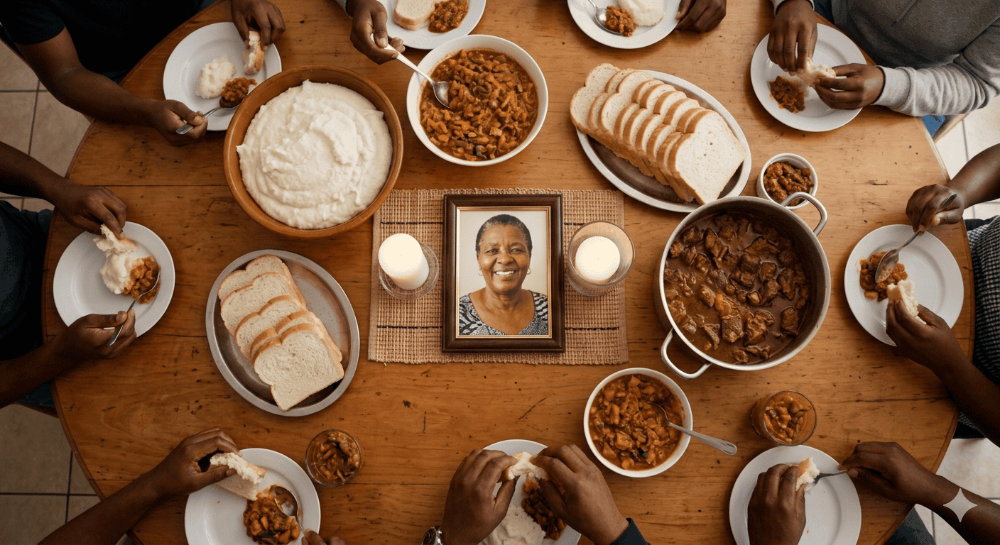 A family blending traditions with both ancestral rituals and a digital memorial screen