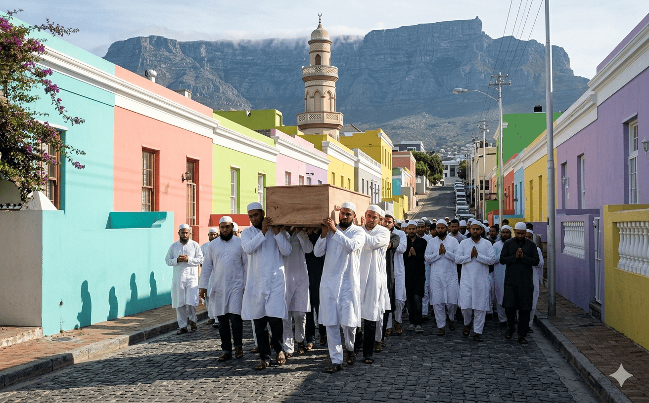 A simple Islamic funeral with white kafan cloth and community prayer
