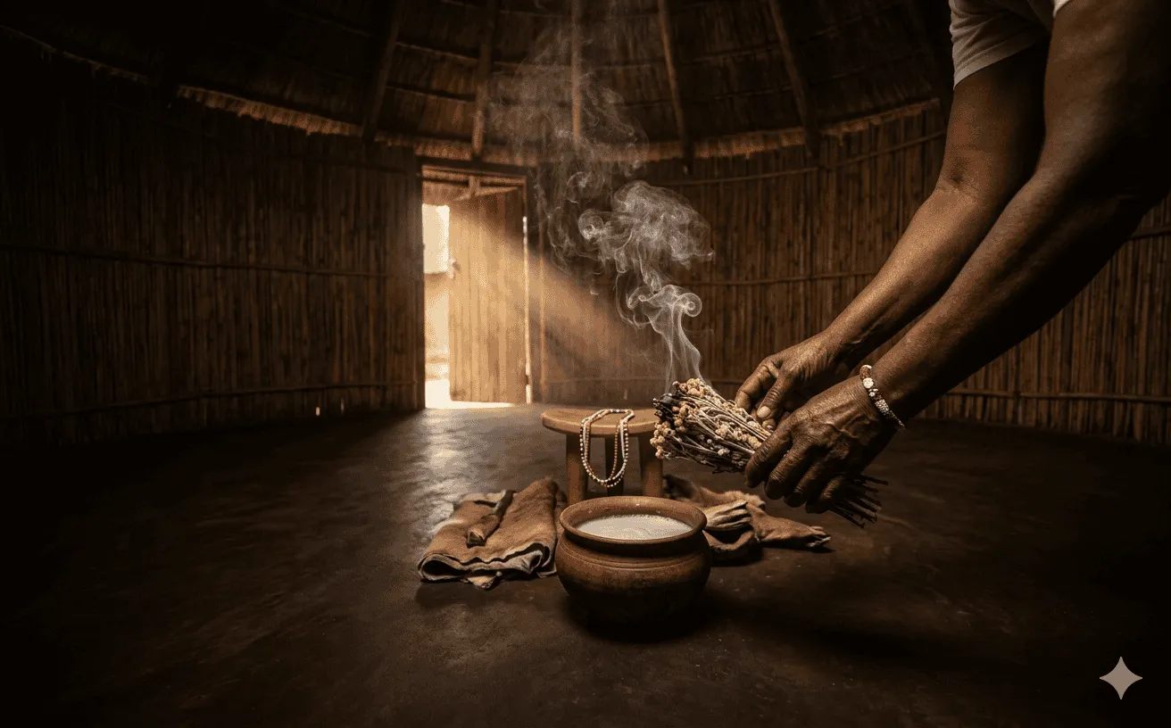A dimly lit traditional Zulu rondavel interior with ancestral items and burning impepho herbs