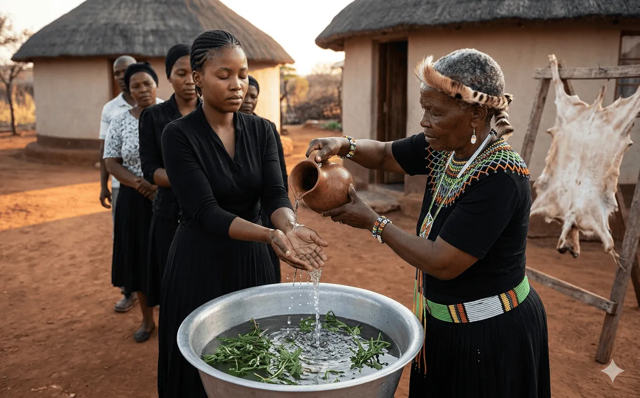A traditional Zulu cleansing ceremony with an elder pouring herbal water over family members hands