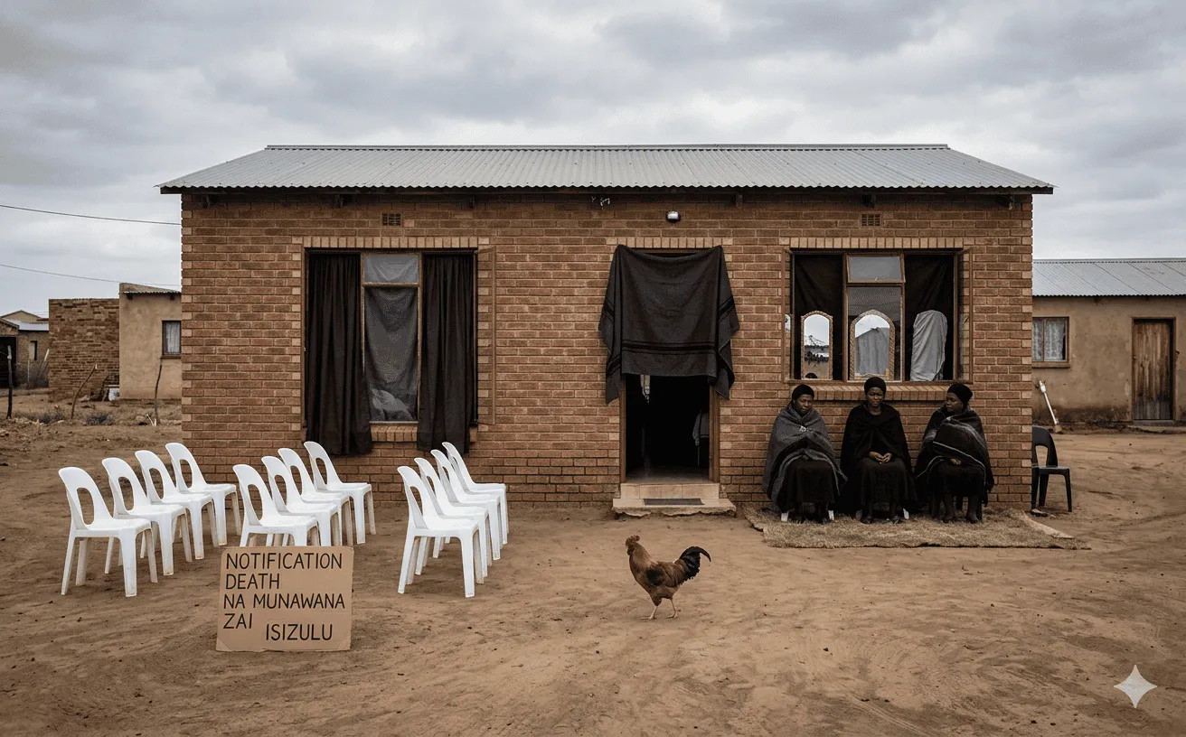 A Zulu homestead in mourning with darkened windows and women in black sitting near the entrance