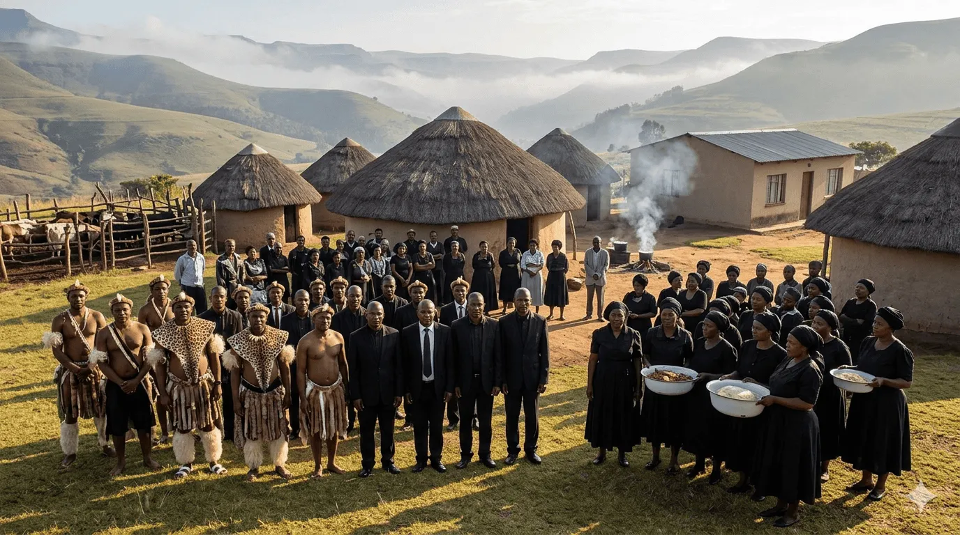 Traditional Zulu funeral ceremony with cultural items and mourners
