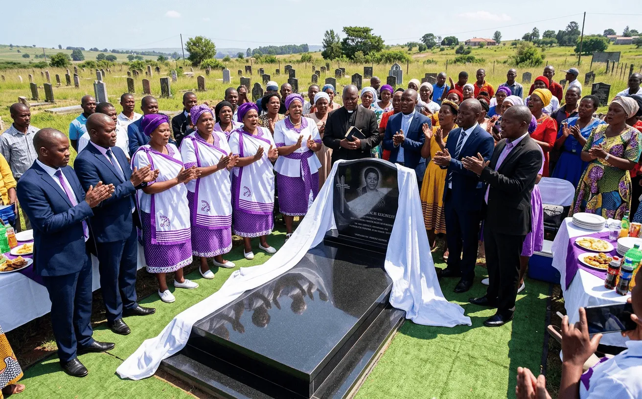 A celebratory Zulu tombstone unveiling ceremony with family members in purple and white umembeso outfits