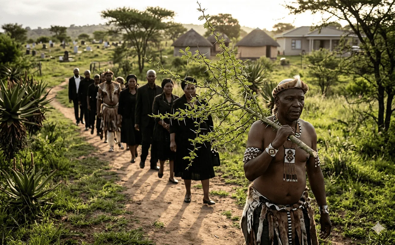 A Zulu elder carrying a Buffalo Thorn branch leading a procession from the cemetery to the homestead