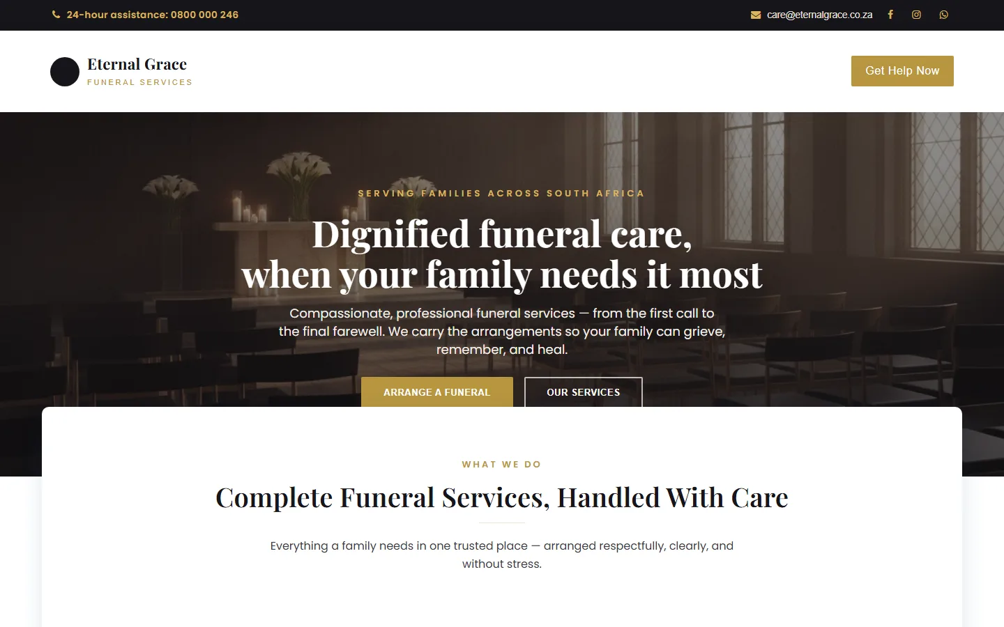 Eternal Grace funeral home website desktop preview