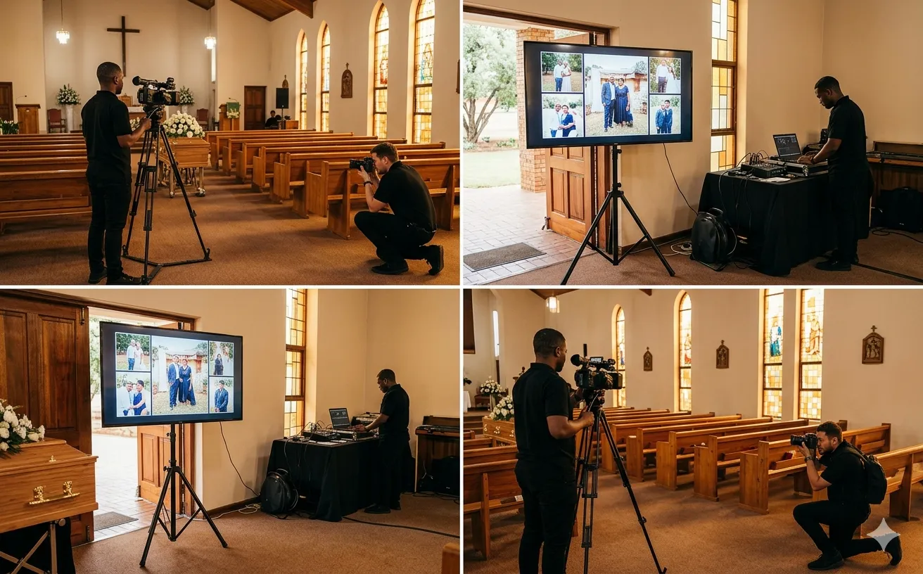 Full media team setup at a South African church funeral