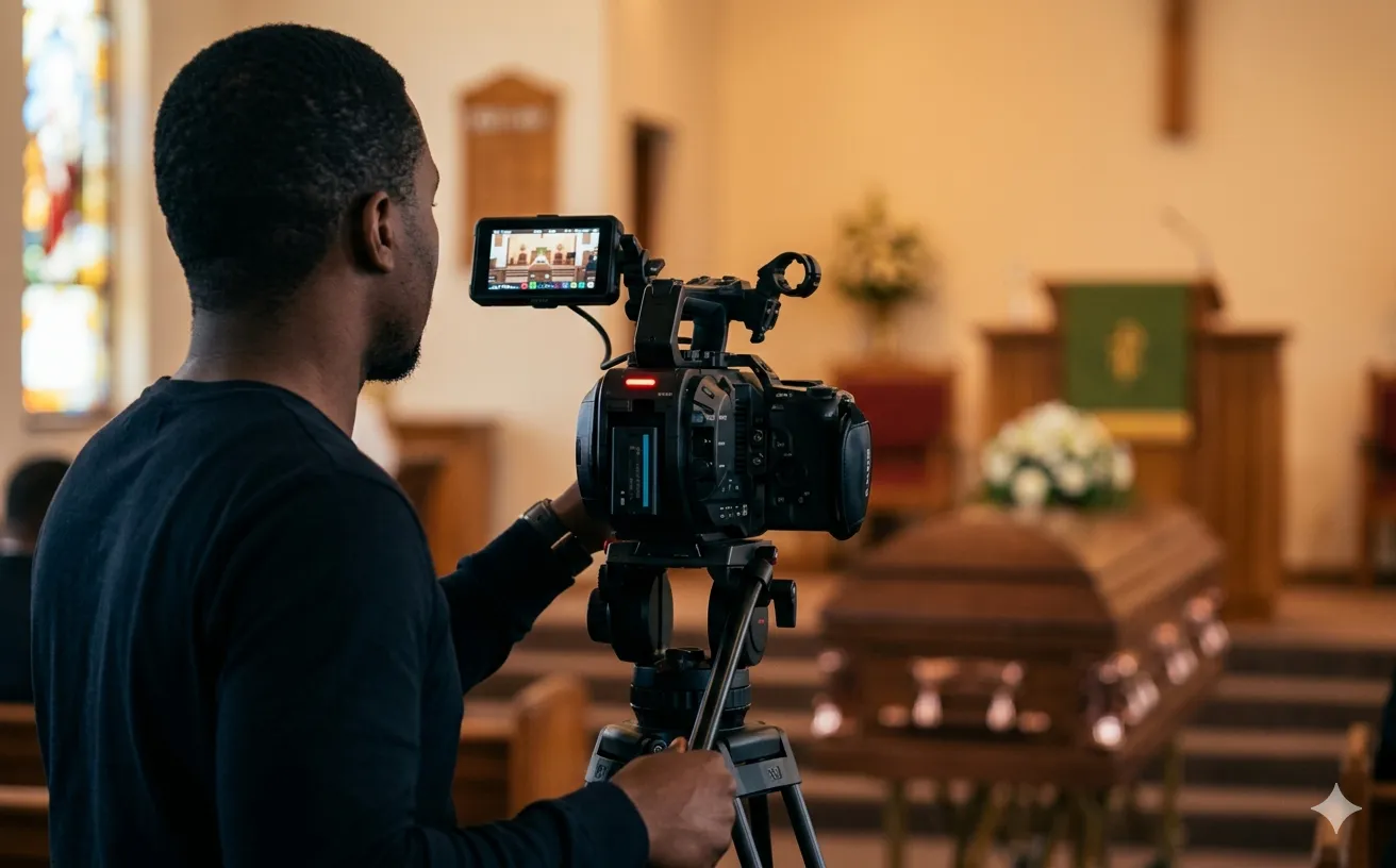 Professional livestreaming setup at a South African funeral