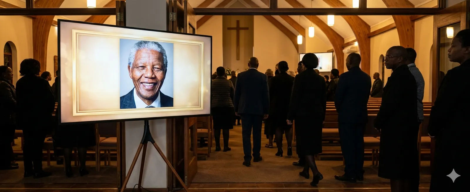 55-inch HD TV on tripod stand at a funeral