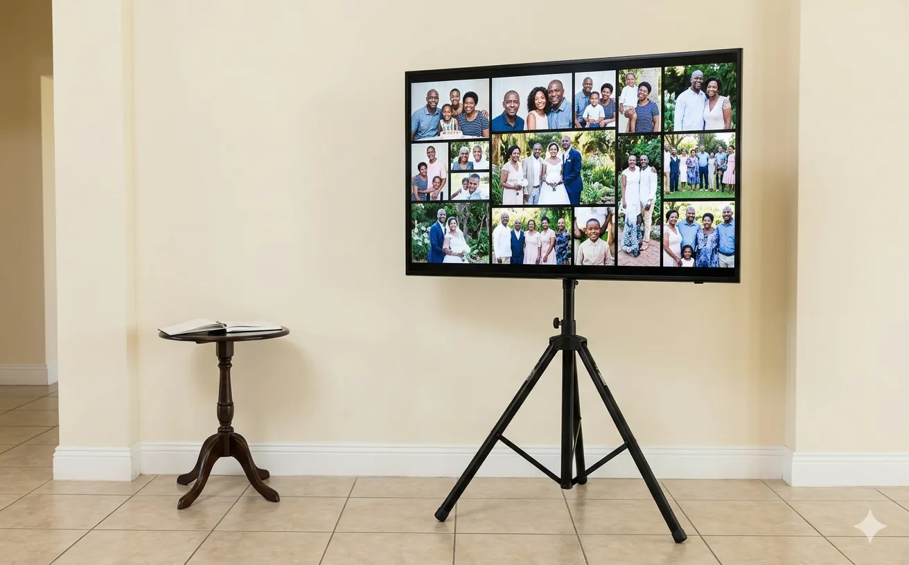 Dual 65-inch TV screens at a funeral venue