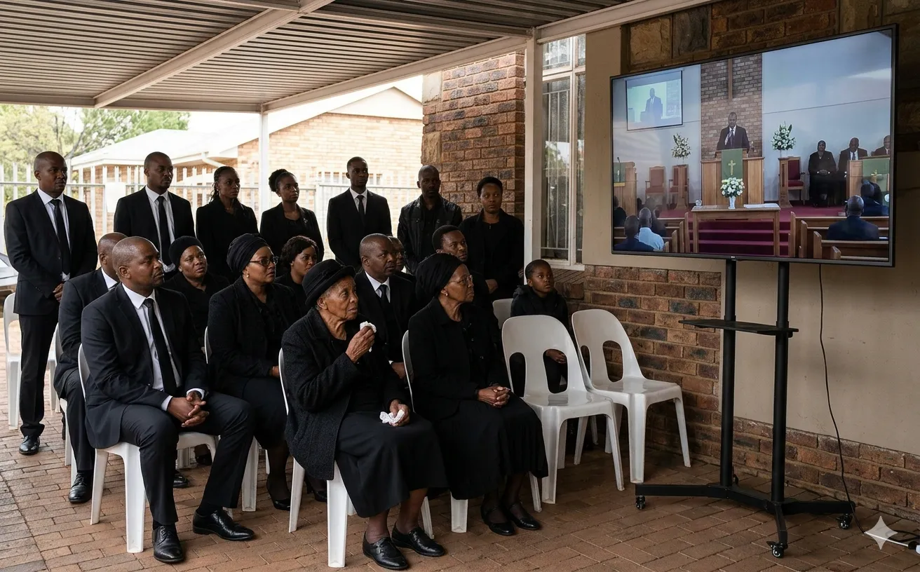 Technician setting up TV screen at a funeral venue
