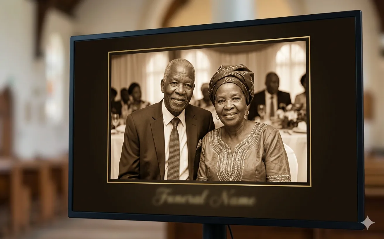 Screen setup in a community hall for a funeral