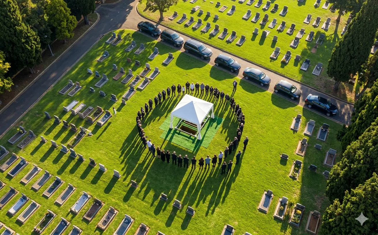 Aerial drone footage of a cemetery funeral service